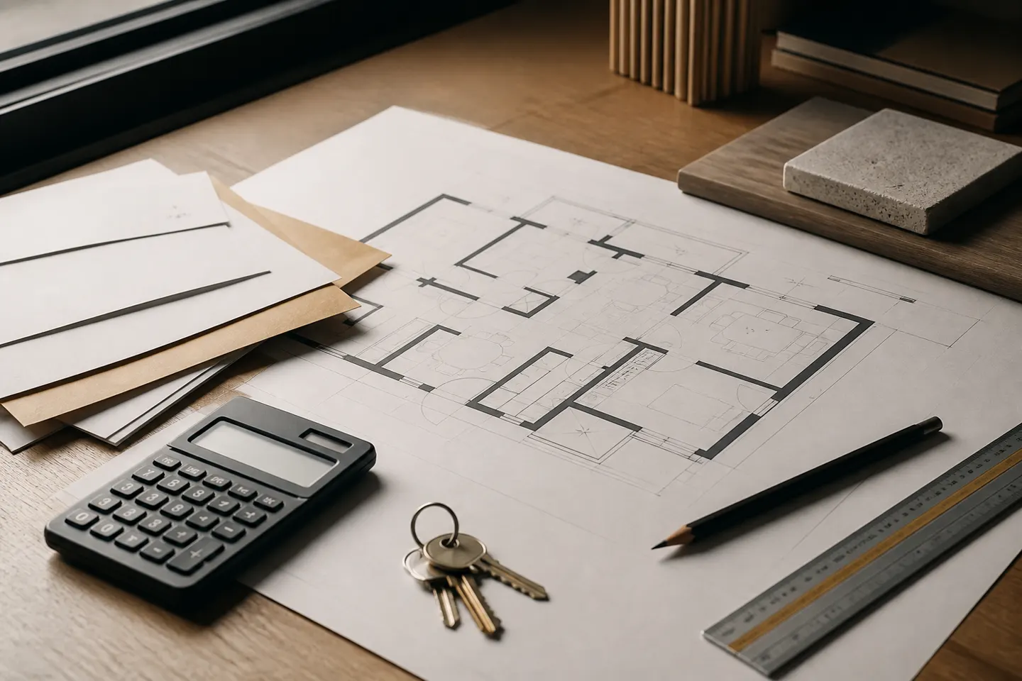 A floor plan drawing on a desk with a pocket calculator, a set of house keys, a pencil, a steel ruler, unopened envelopes and a stone sample tile.